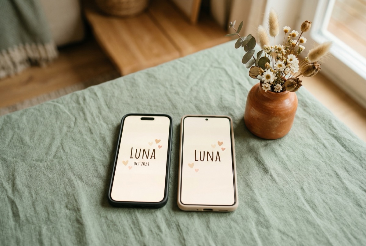 Partner Sync feature showing two phones matching on the same baby name